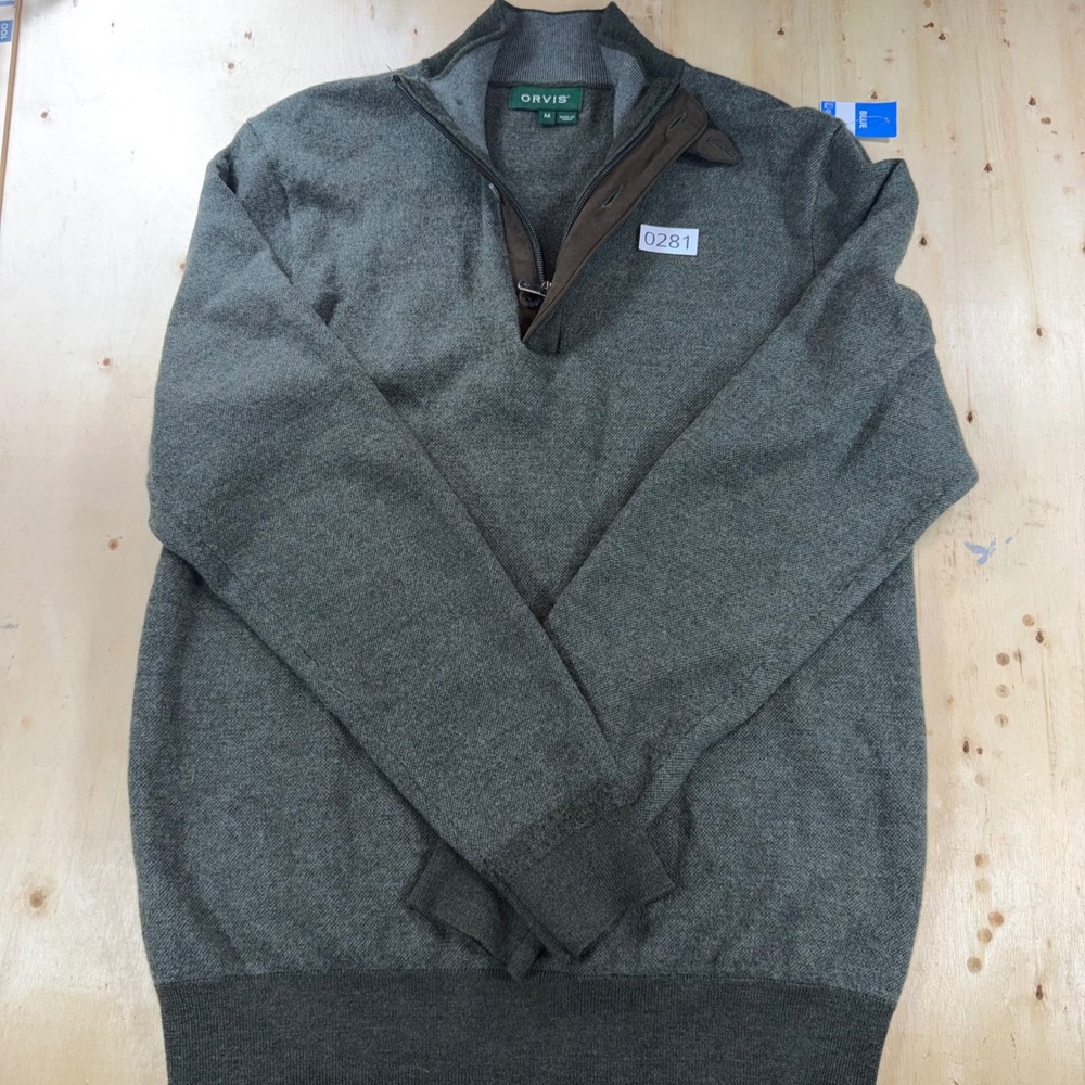 Orvis Mens Medium Merino Wool Quarter Zip Sweater Olive Green Mock Neck